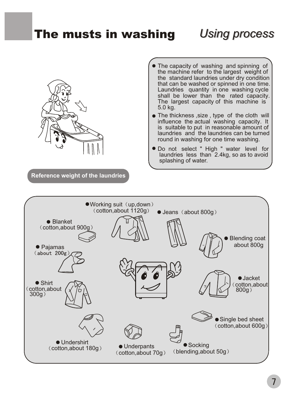 Using process, Using process the musts in washing | haier 650 User Manual | Page 9 / 20