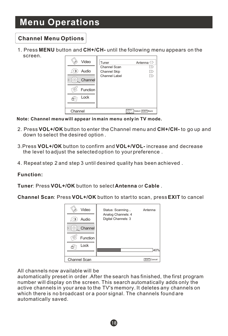 Menu operations, Channel menu options | haier HL19T User Manual | Page 23 / 47