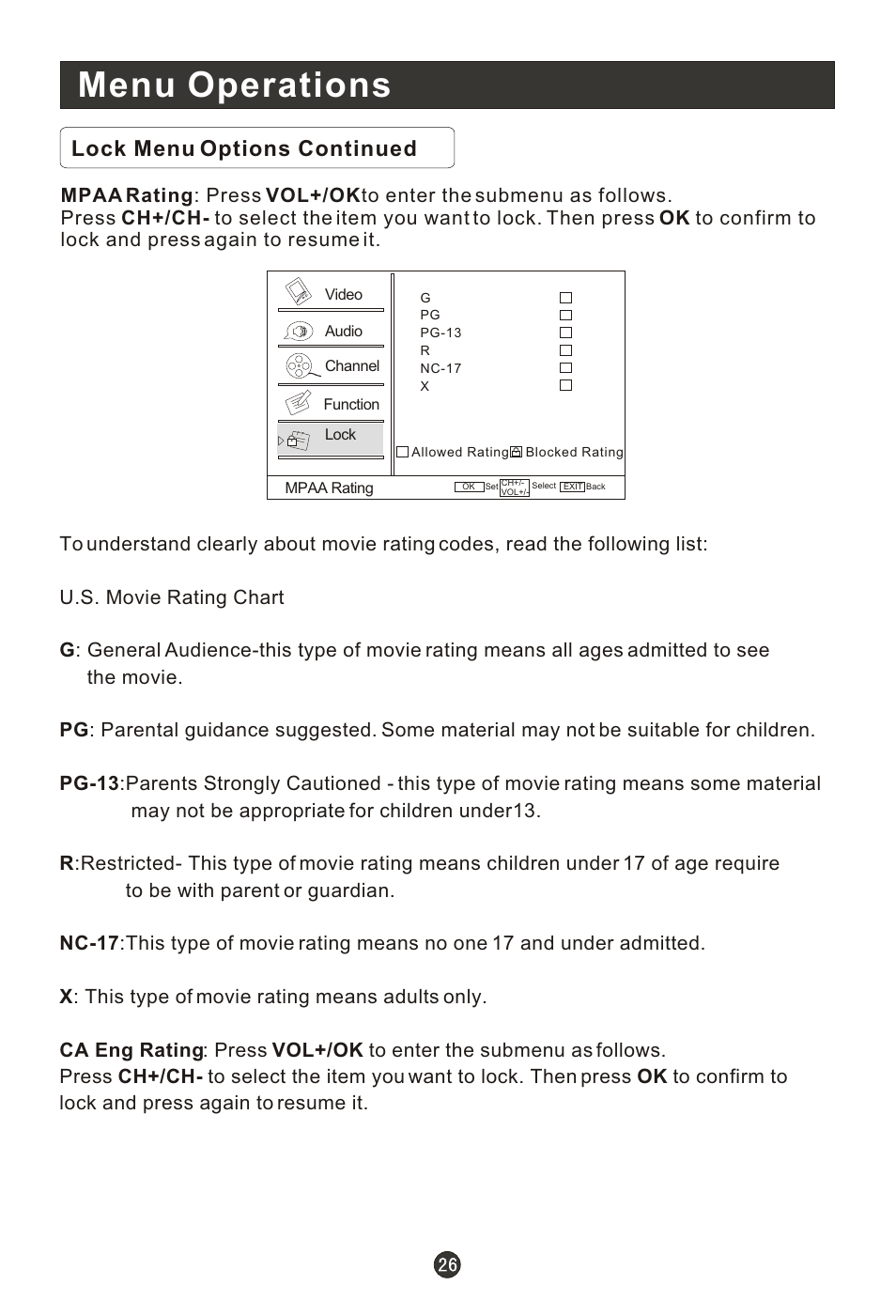 Menu operations, Lock menu options continued | haier HL19T User Manual | Page 31 / 47