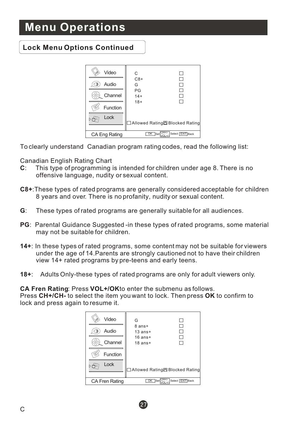 Menu operations, Lock menu options continued | haier HL19T User Manual | Page 32 / 47