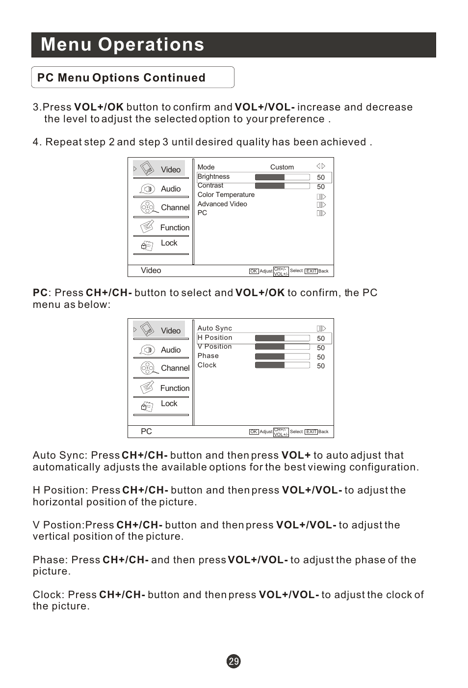 Menu operations, Pc menu options continued | haier HL19T User Manual | Page 34 / 47