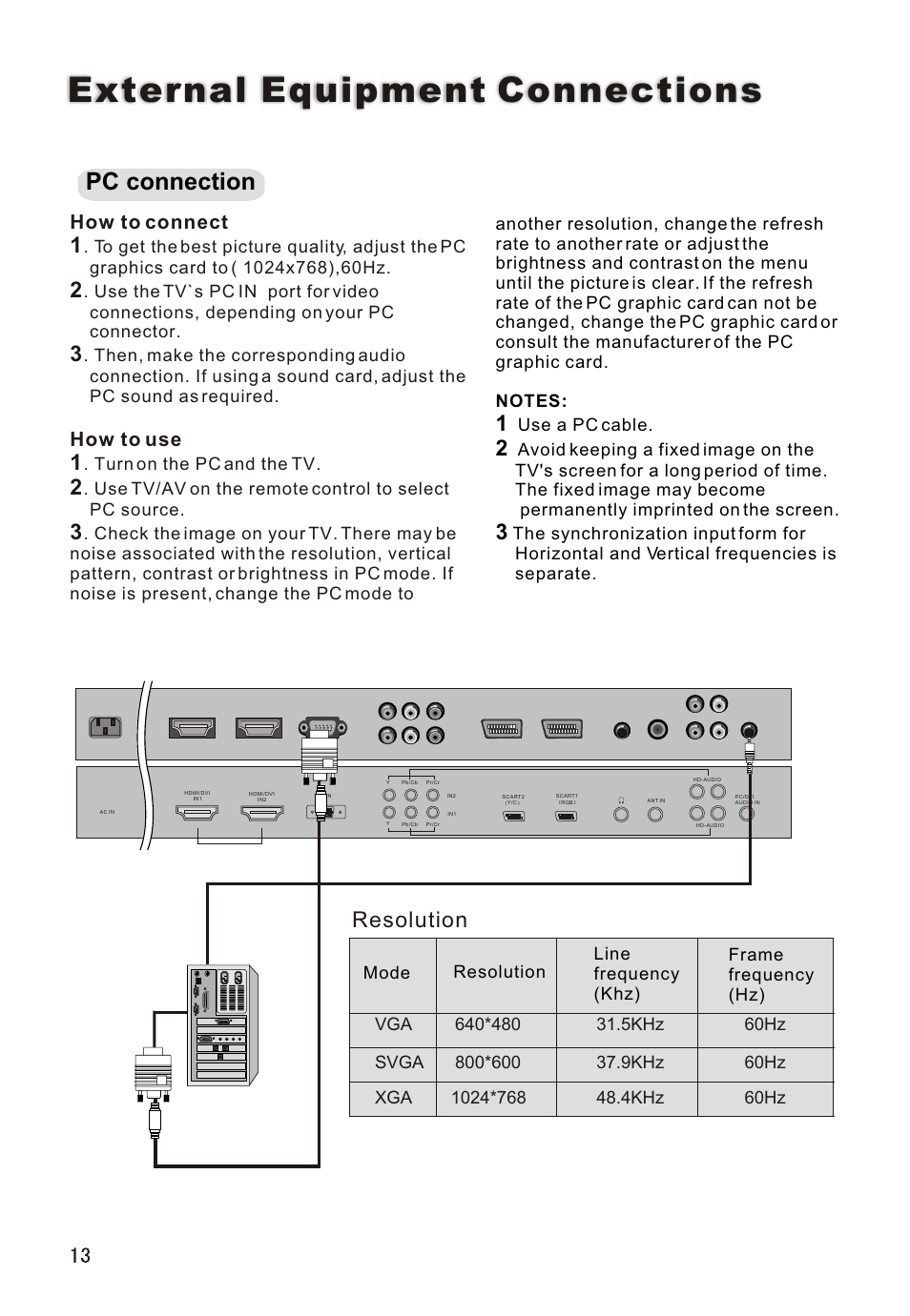 Т³гж 14, External equipment connections, Pc connection | Resolution, How to connect, How to use | haier L26A16 User Manual | Page 14 / 38