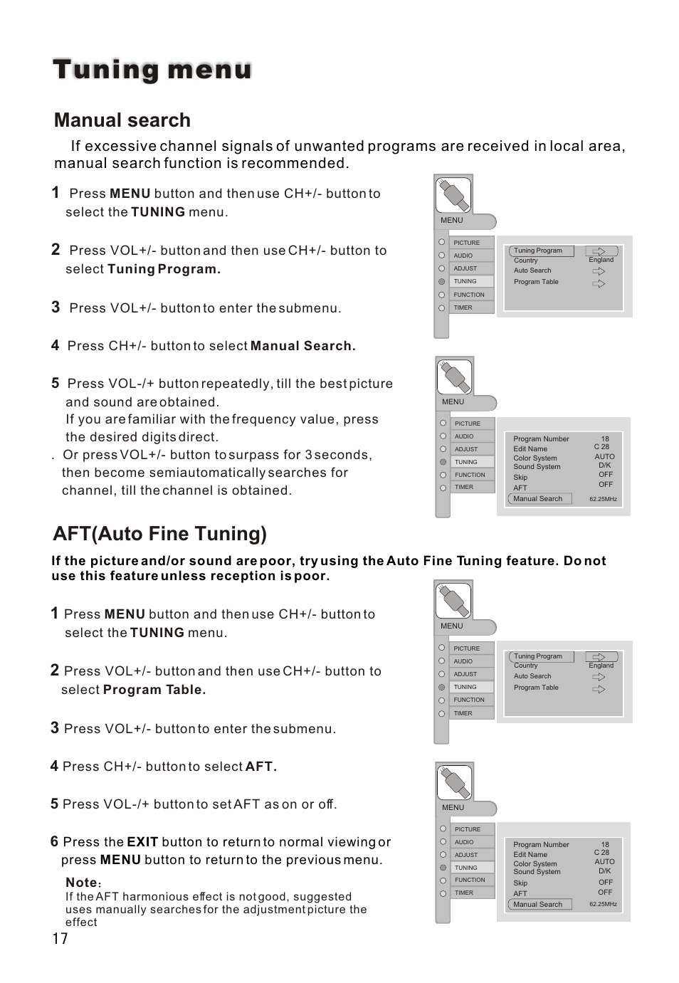 Т³гж 18, Tuning menu, Manual search | Aft(auto fine tuning), Press vol+/- button to enter the submenu, Press ch+/- button to select manual search, Press ch+/- button to select aft, Press vol-/+ button to set aft as on or off | haier L26A16 User Manual | Page 18 / 38