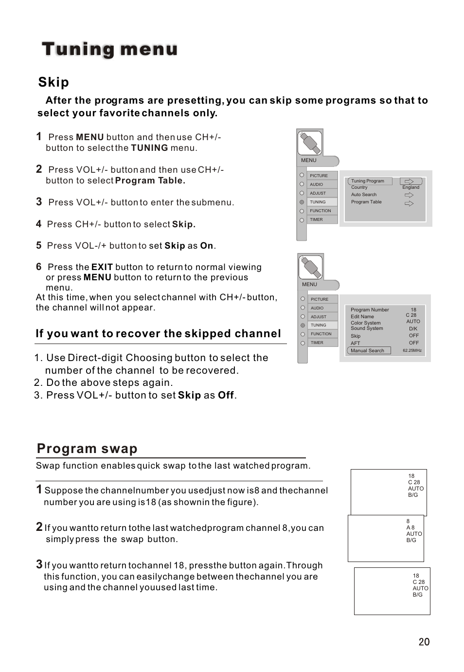 Т³гж 21, Tuning menu, Skip | Program swap, If you want to recover the skipped channel | haier L26A16 User Manual | Page 21 / 38