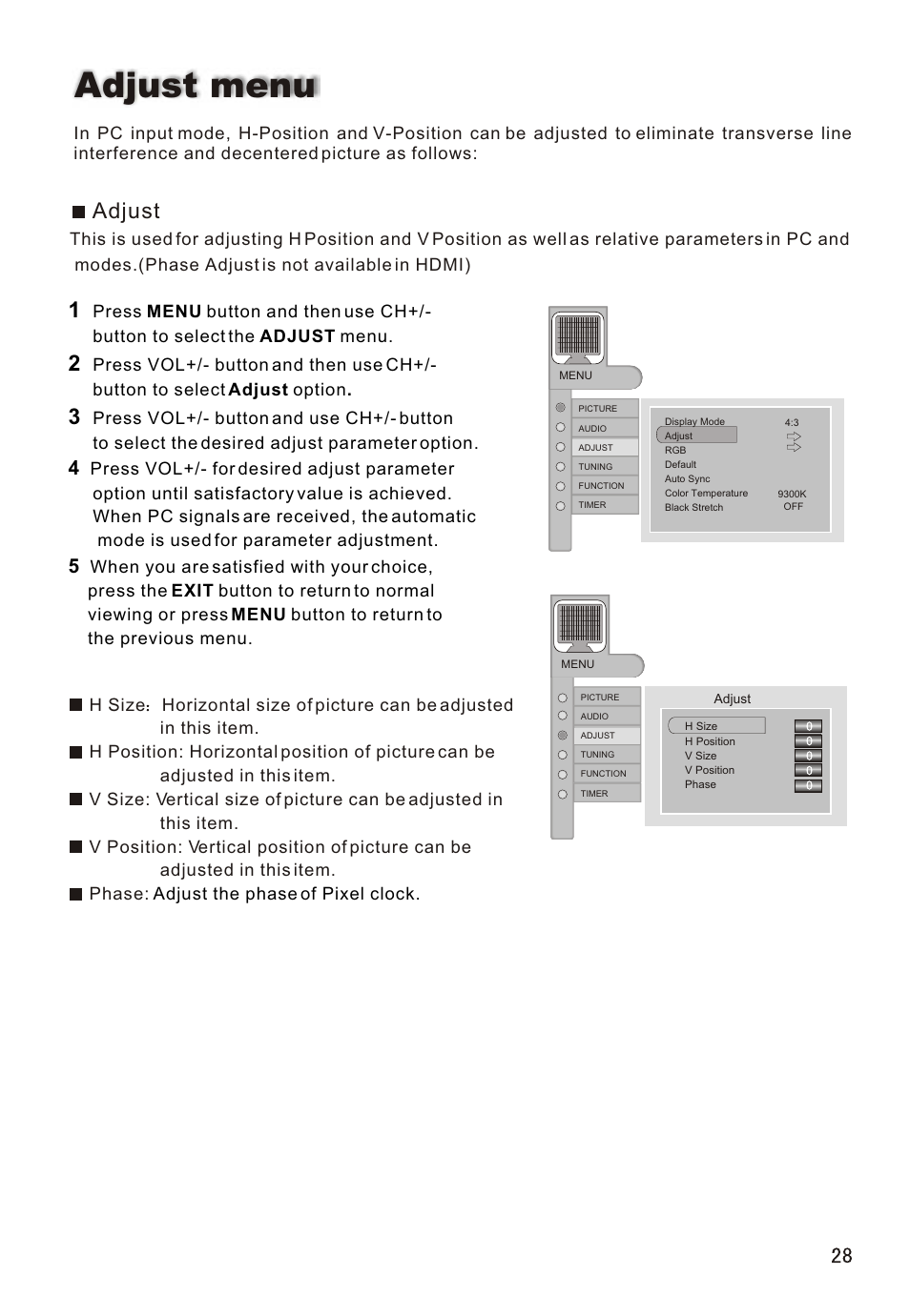 Т³гж 29, Adjust menu, Adjust | haier L26A16 User Manual | Page 29 / 38