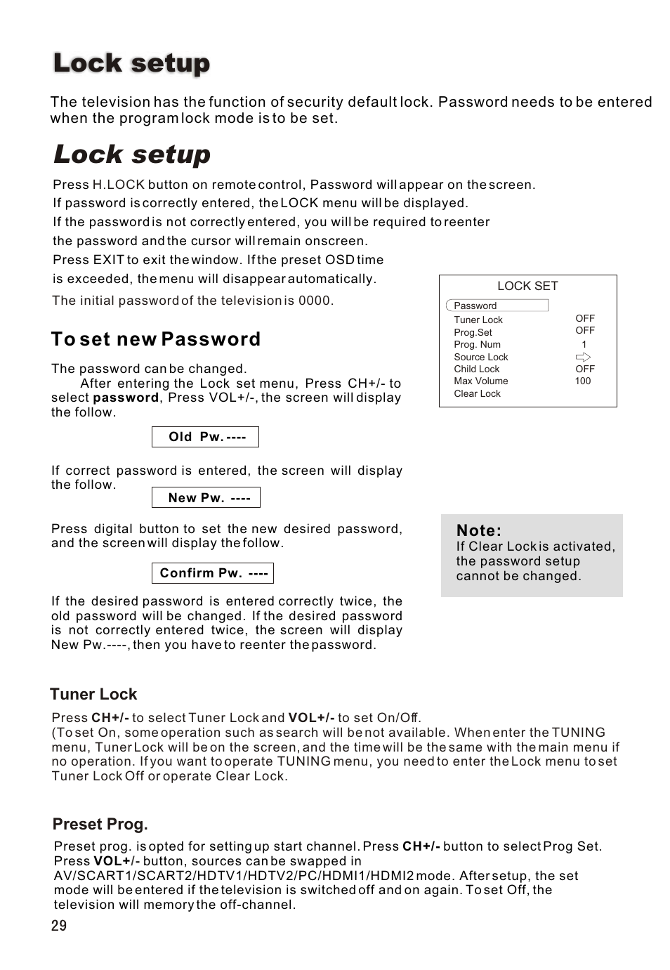 Т³гж 30, Lock setup, Tuner lock | Preset prog | haier L26A16 User Manual | Page 30 / 38