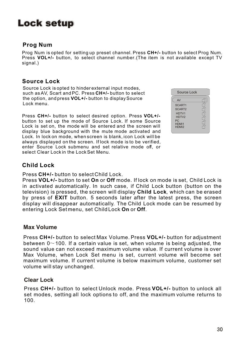 Т³гж 31, Lock setup, Prog num | Source lock, Max volume, Clear lock, Child lock | haier L26A16 User Manual | Page 31 / 38