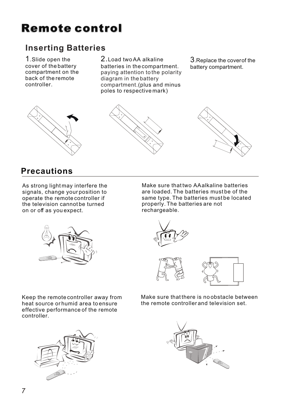 Т³гж 8, Remote control, Precautions | Inserting batteries | haier L26A16 User Manual | Page 8 / 38