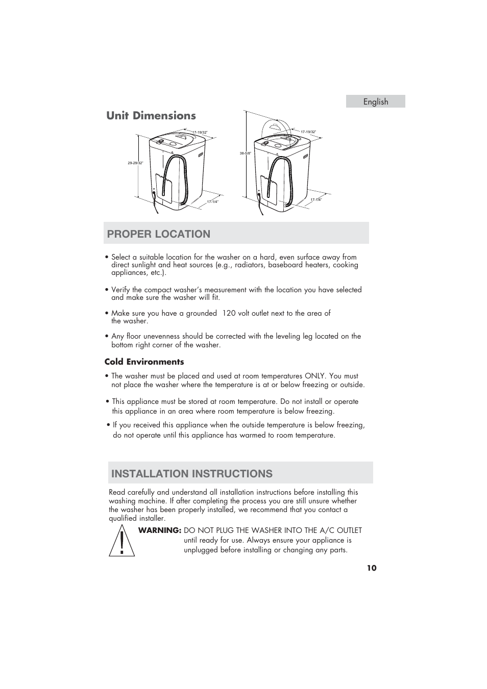 Unit dimensions, Proper location installation instructions | haier HLP21 User Manual | Page 11 / 82
