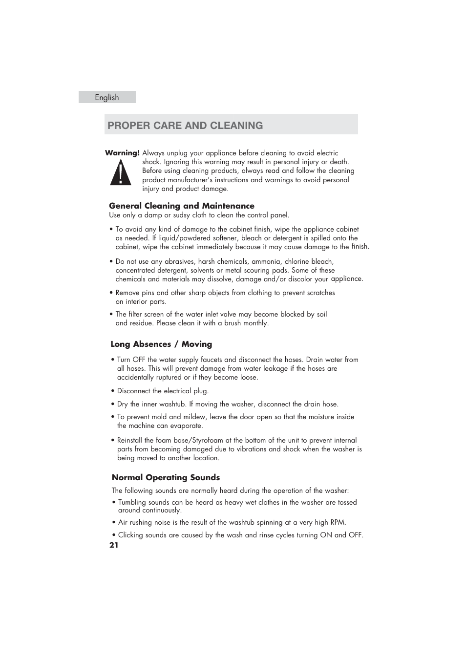 Proper care and cleaning | haier HLP21 User Manual | Page 22 / 82