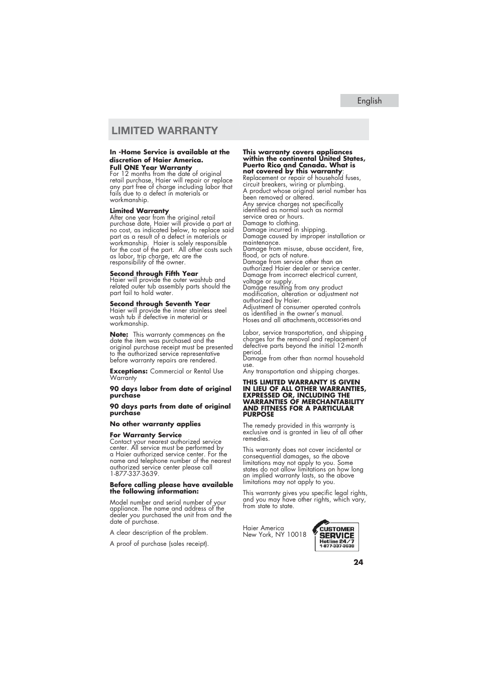 Limited warranty, English | haier HLP21 User Manual | Page 25 / 82
