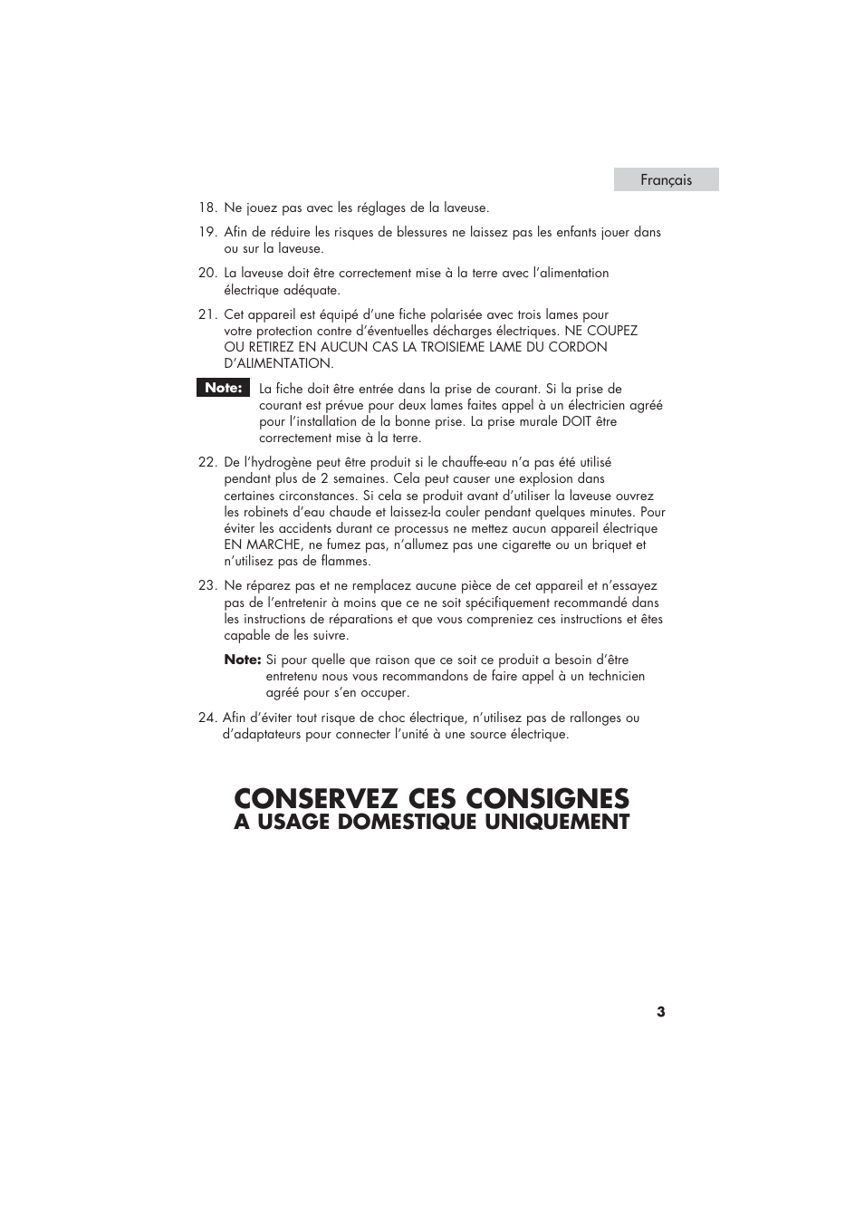 Conservez ces consignes, A usage domestique uniquement | haier HLP21 User Manual | Page 29 / 82