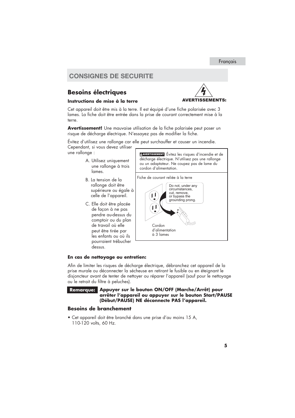 Consignes de securite, Besoins électriques | haier HLP21 User Manual | Page 31 / 82