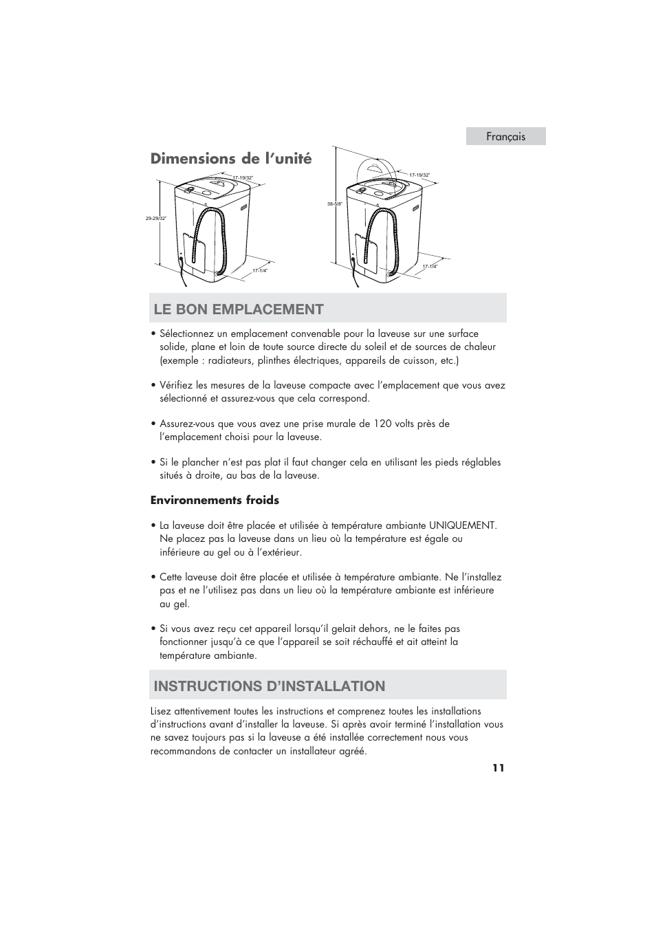 Dimensions de l’unité, Le bon emplacement, Instructions d’installation | haier HLP21 User Manual | Page 37 / 82