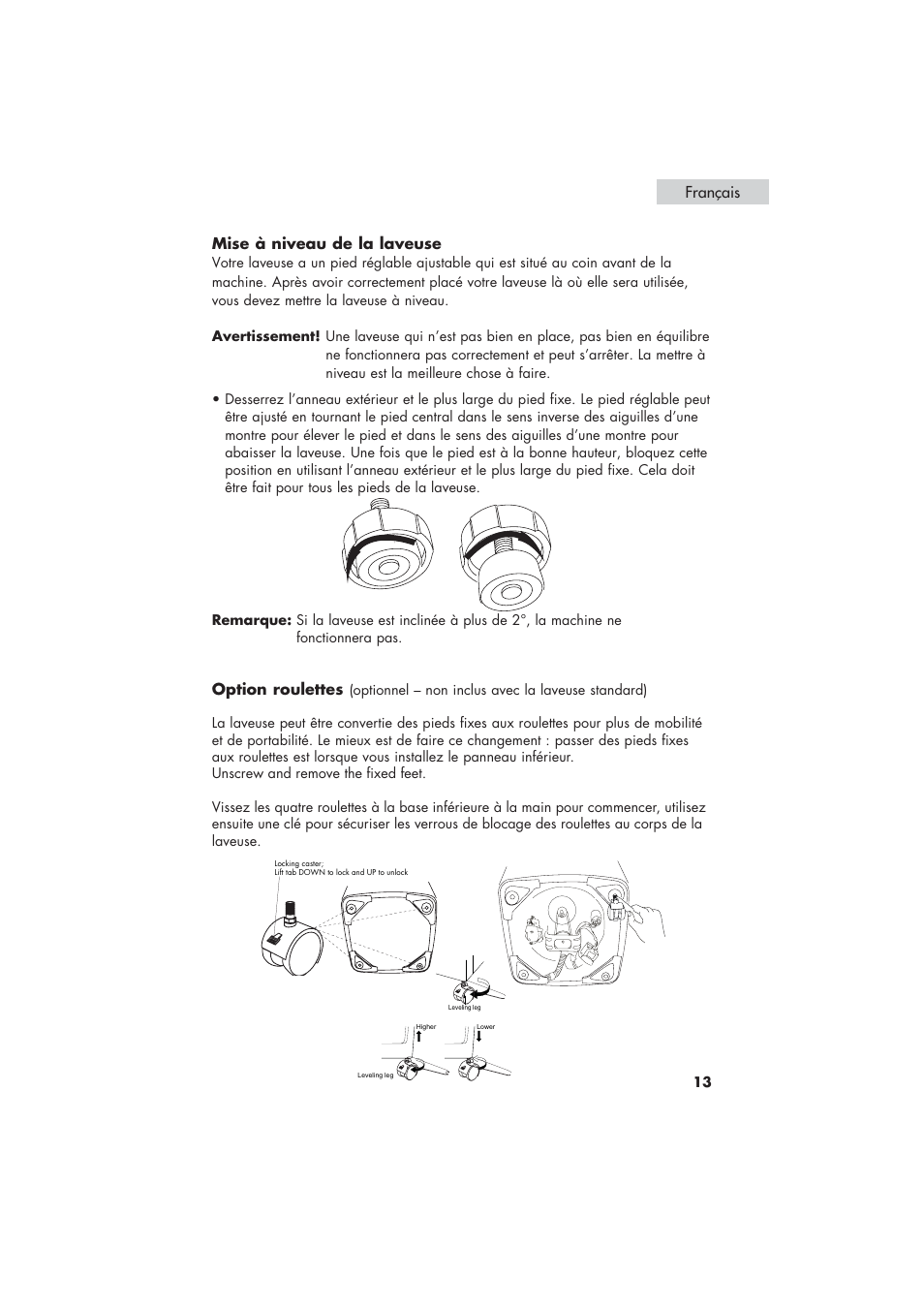 Mise à niveau de la laveuse, Option roulettes, Français | haier HLP21 User Manual | Page 39 / 82