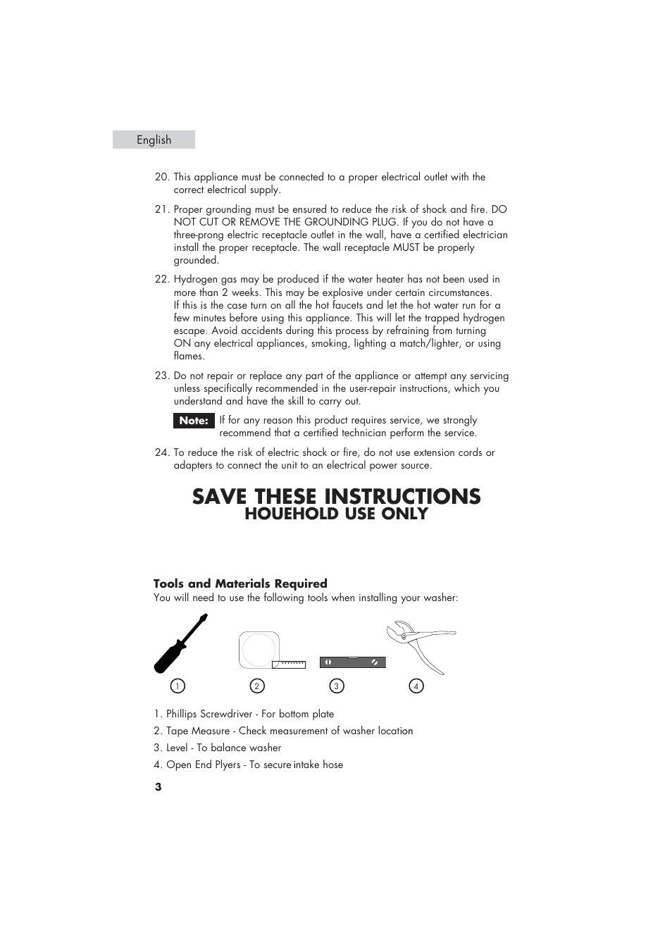 Save these instructions, Houehold use only | haier HLP21 User Manual | Page 4 / 82