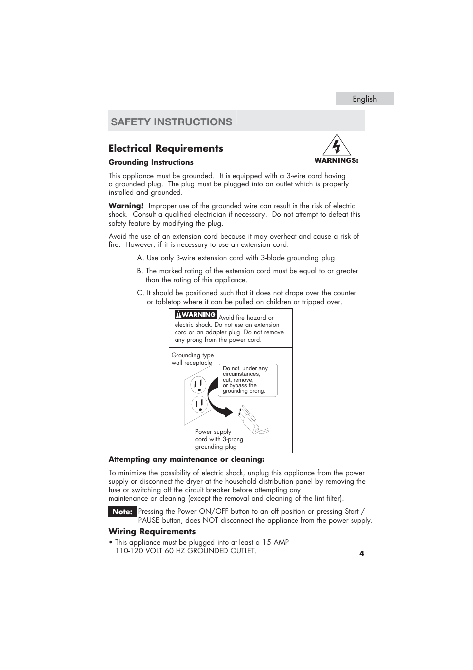 Safety instructions, Electrical requirements | haier HLP21 User Manual | Page 5 / 82
