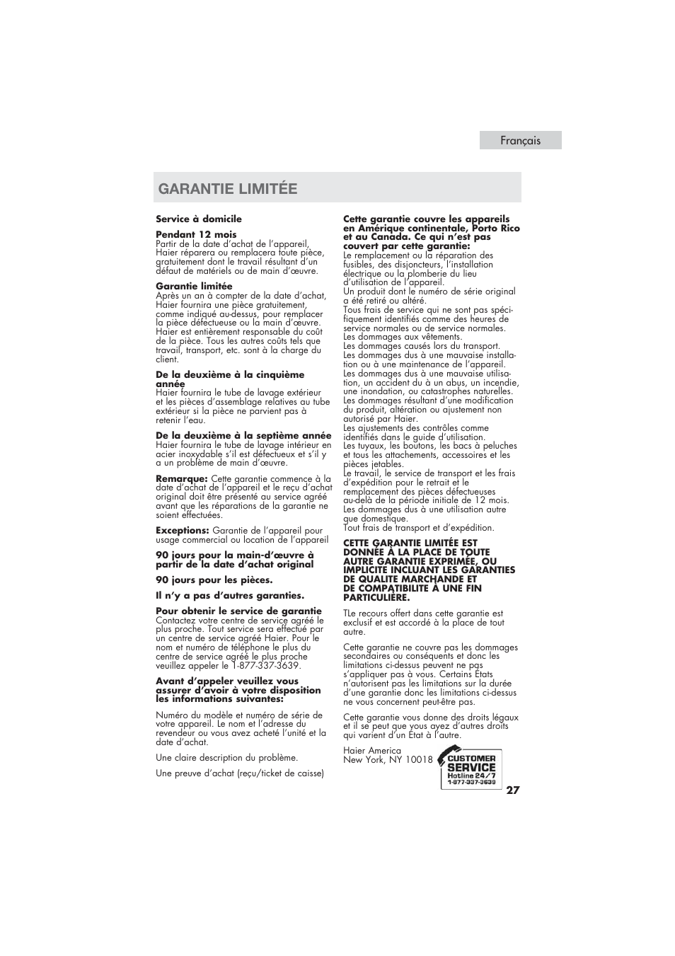 Garantie limitée, Français | haier HLP21 User Manual | Page 53 / 82