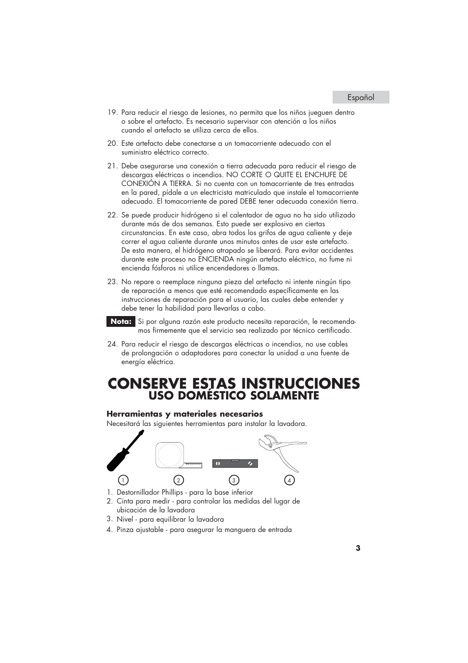 Conserve estas instrucciones, Uso doméstico solamente | haier HLP21 User Manual | Page 57 / 82