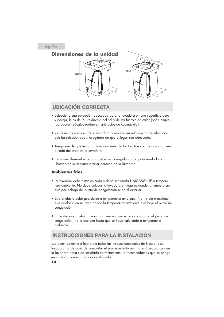 Dimensiones de la unidad, Ubicación correcta, Instrucciones para la instalación | haier HLP21 User Manual | Page 64 / 82