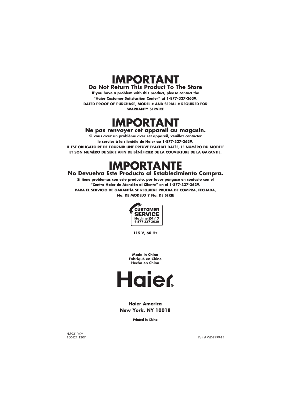 Important, Importante | haier HLP21 User Manual | Page 82 / 82