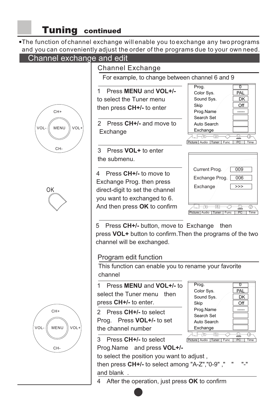 Т³18, Tuning, Channel exchange and edit | Continued, Channel exchange, Program edit function | haier L37A9-AKF User Manual | Page 18 / 47