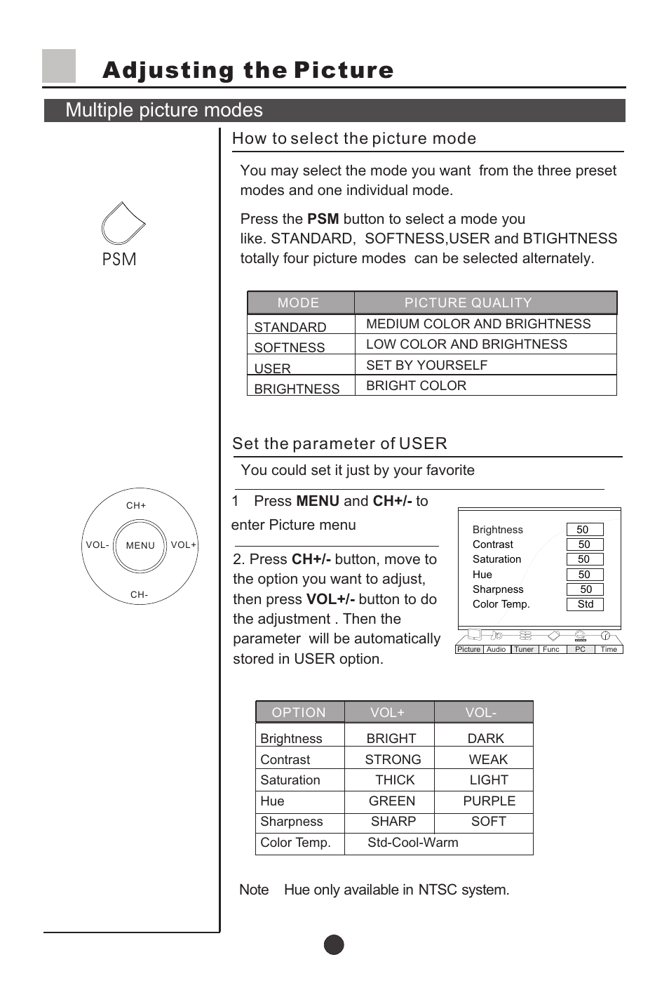 Т³19, Adjusting the picture, Multiple picture modes | Set the parameter of user, How to select the picture mode | haier L37A9-AKF User Manual | Page 19 / 47