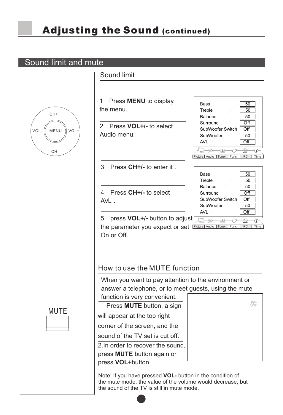 Т³21, Adjusting the sound, Sound limit and mute | Mute, Continued), How to use the mute function, Sound limit | haier L37A9-AKF User Manual | Page 21 / 47