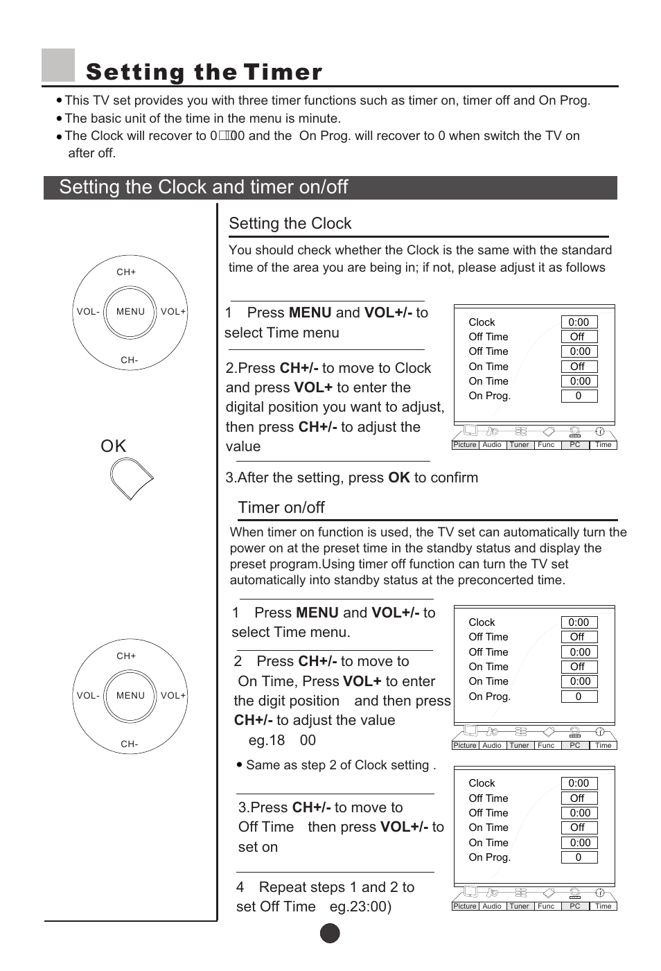 Т³22, Setting the timer, Setting the clock and timer on/off | Timer on/off, Setting the clock | haier L37A9-AKF User Manual | Page 22 / 47