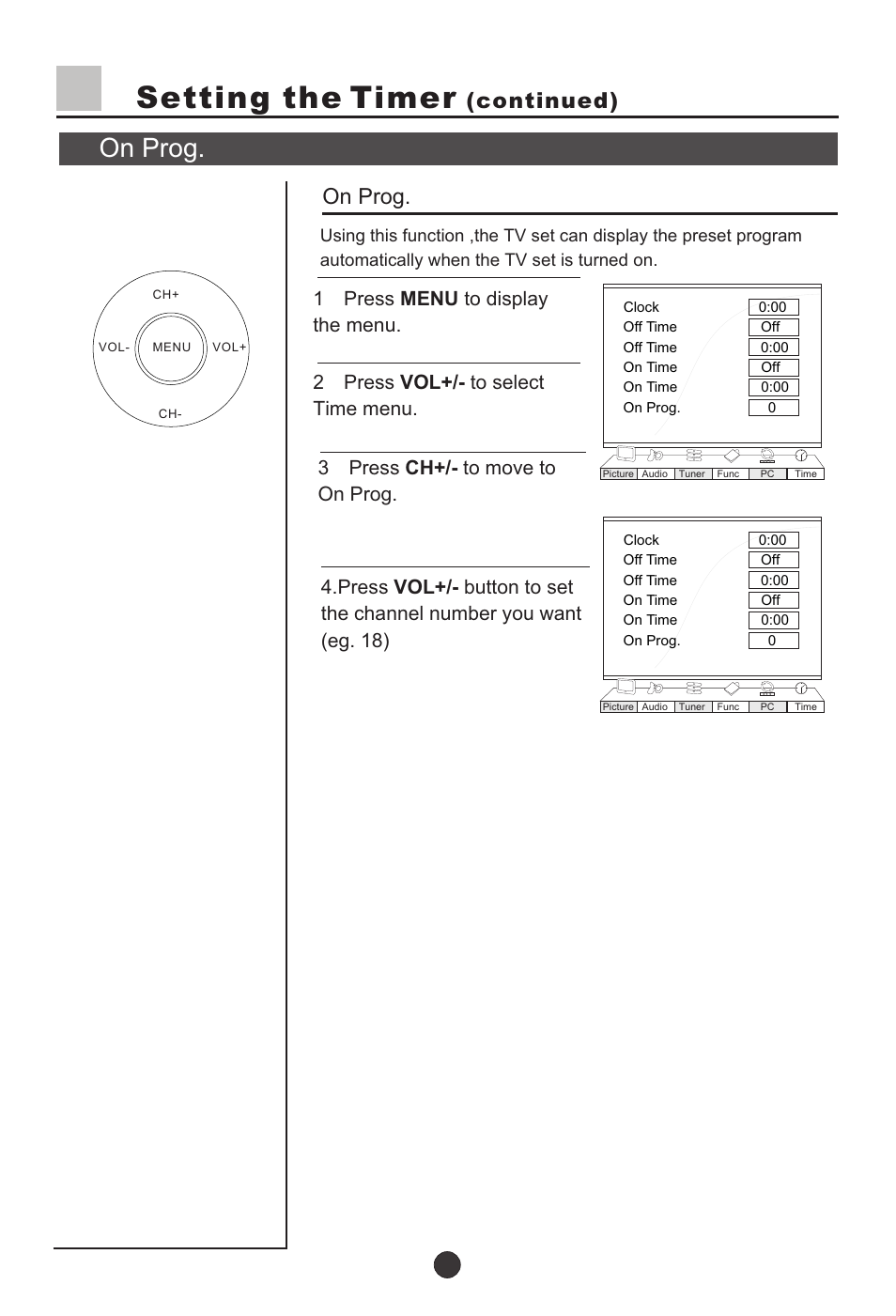 Т³23, Setting the timer, On prog | Continued) | haier L37A9-AKF User Manual | Page 23 / 47