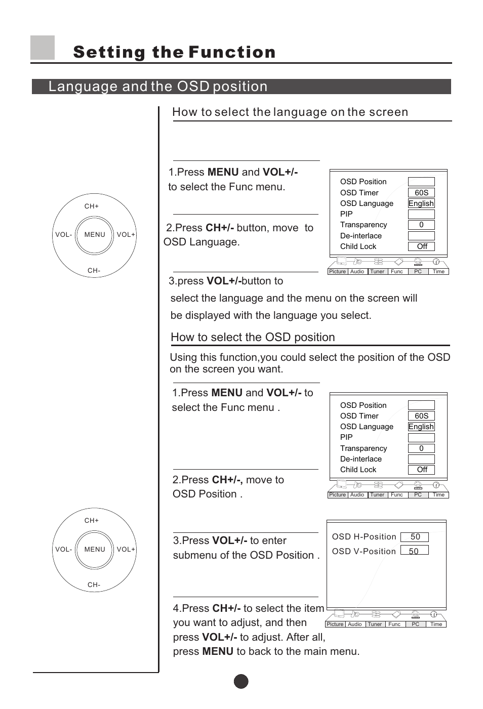 Т³24, Setting the function, Language and the osd position | How to select the language on the screen, How to select the osd position, Press menu and vol+/- to select the func menu | haier L37A9-AKF User Manual | Page 24 / 47