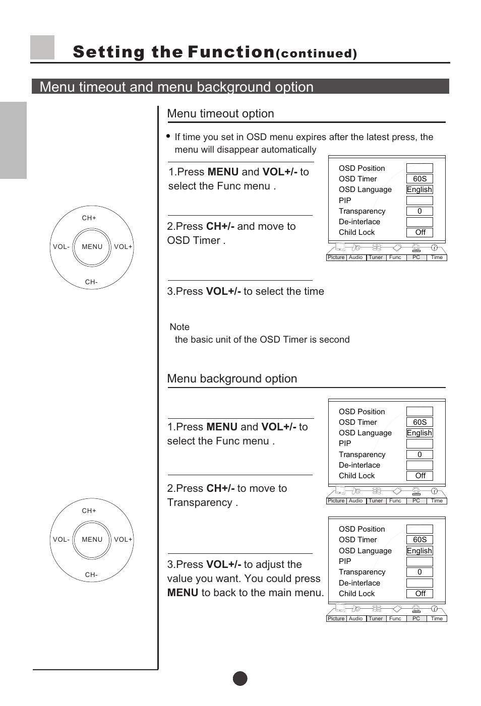 Т³25, Setting the function, Menu timeout and menu background option | Continued) menu timeout option, Menu background option | haier L37A9-AKF User Manual | Page 25 / 47