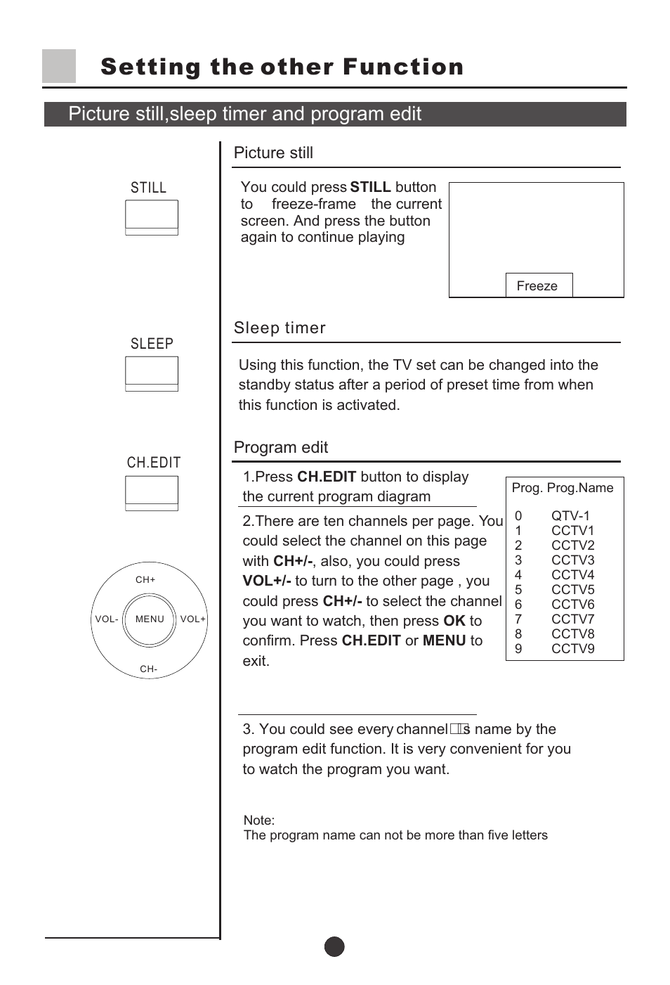 Т³29, Setting the other function, Picture still,sleep timer and program edit | haier L37A9-AKF User Manual | Page 29 / 47