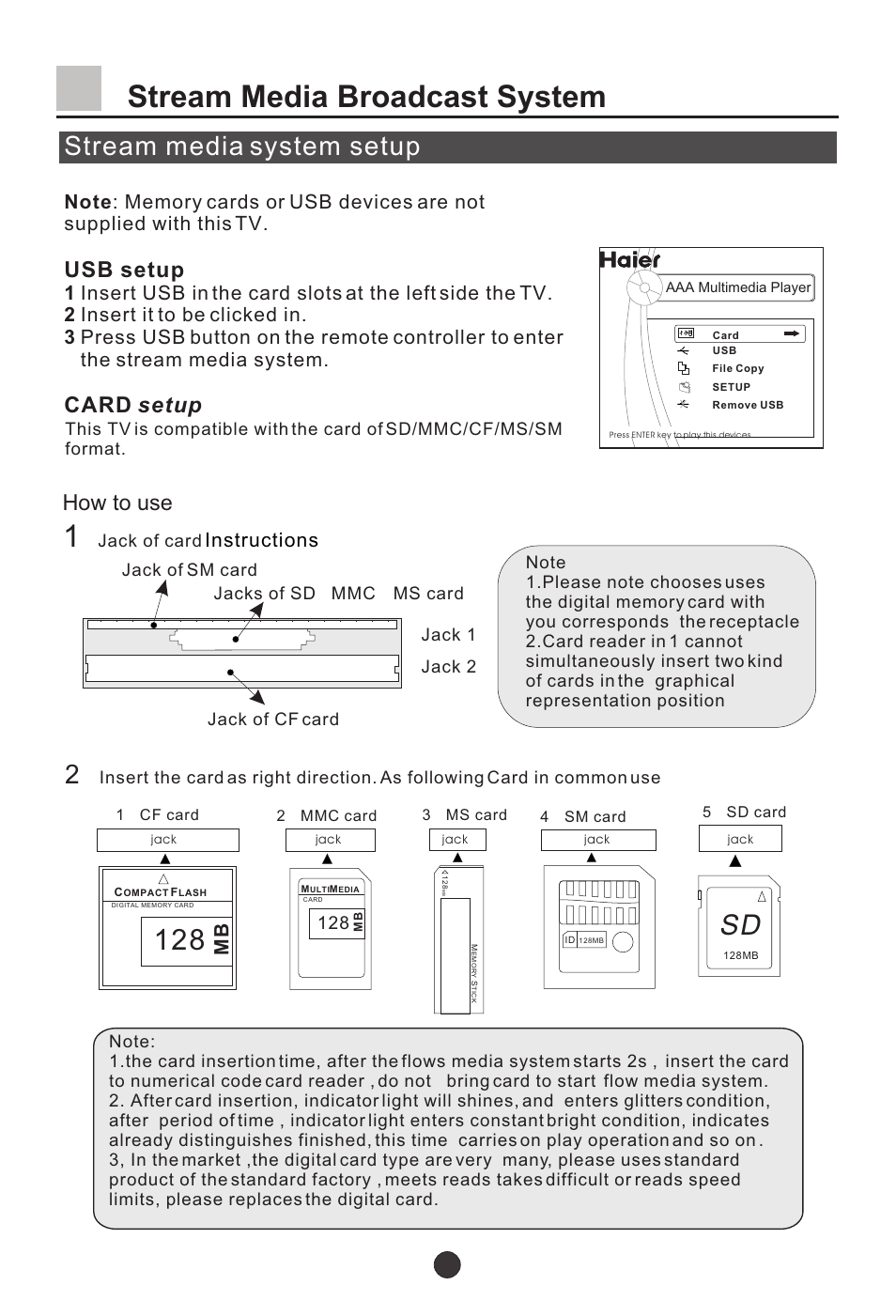 Т³31, Stream media broadcast system, Stream media system setup | Usb setup, Card setup, How to use, Instructions, Jack of card | haier L37A9-AKF User Manual | Page 31 / 47