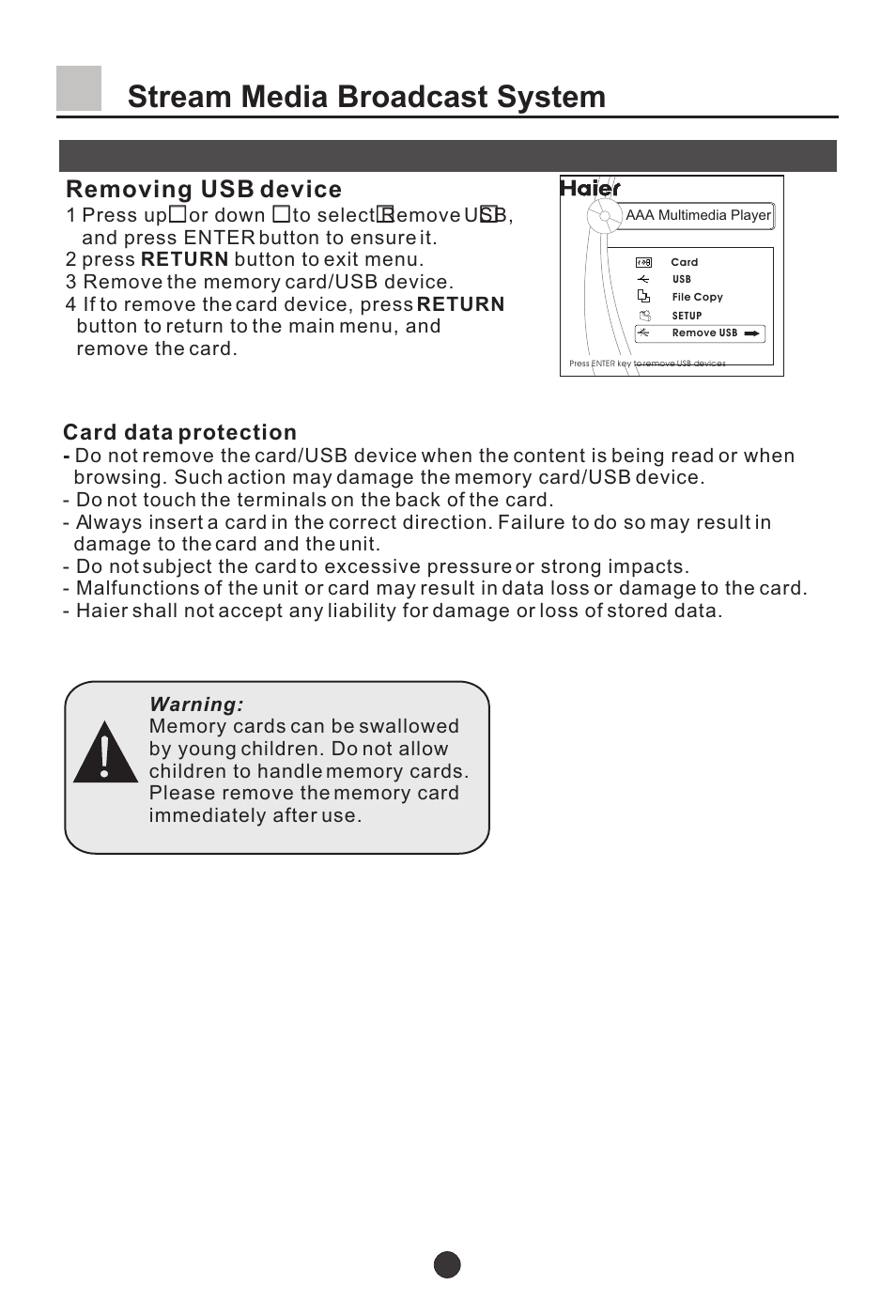 Т³32, Stream media broadcast system, Removing usb device | Ь ¡ э | haier L37A9-AKF User Manual | Page 32 / 47