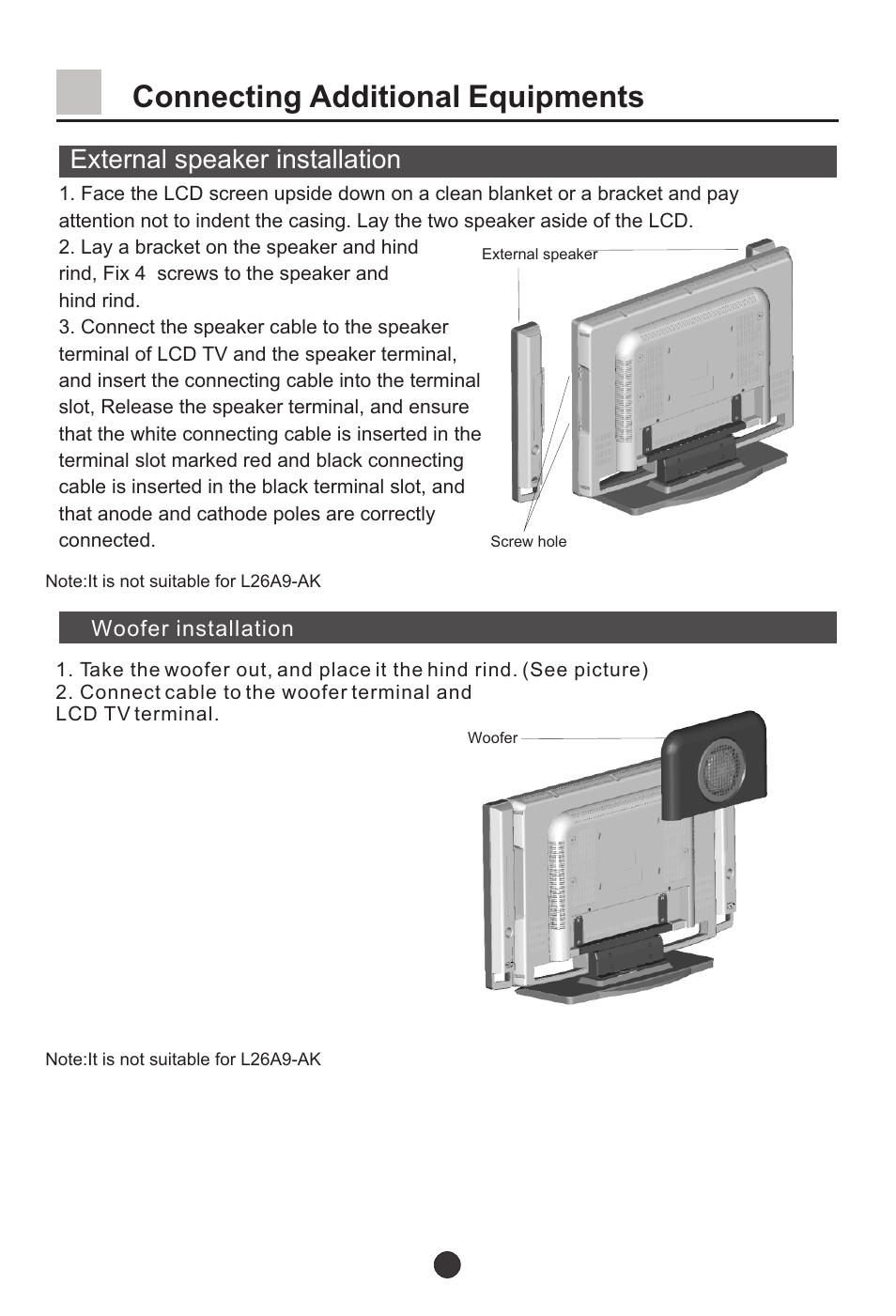 Т³43, Connecting additional equipments, External speaker installation | haier L37A9-AKF User Manual | Page 43 / 47