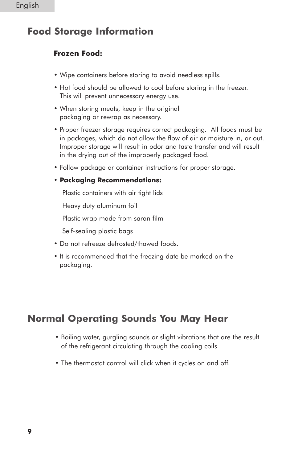 Food storage information, Normal operating sounds you may hear | haier HNCM070E User Manual | Page 10 / 16