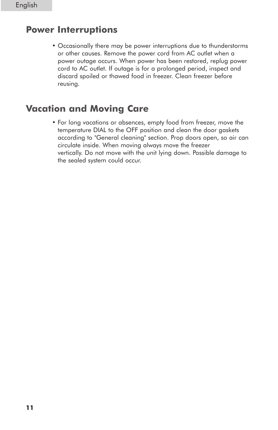 Power interruptions vacation and moving care | haier HNCM070E User Manual | Page 12 / 16