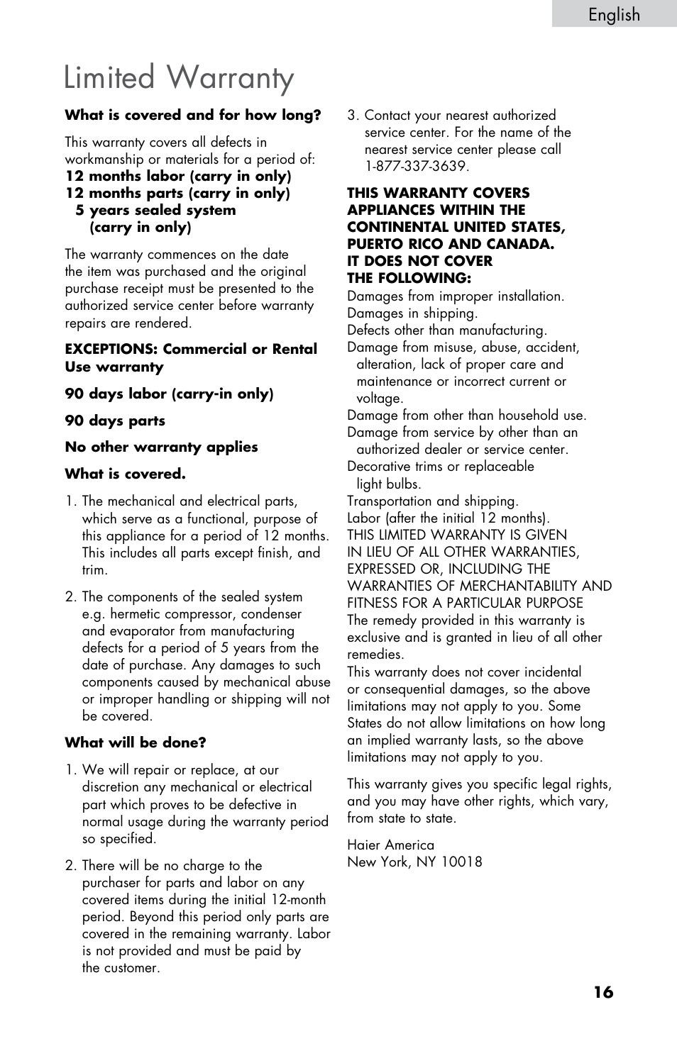 Limited warranty, English | haier ESRN025 User Manual | Page 17 / 52