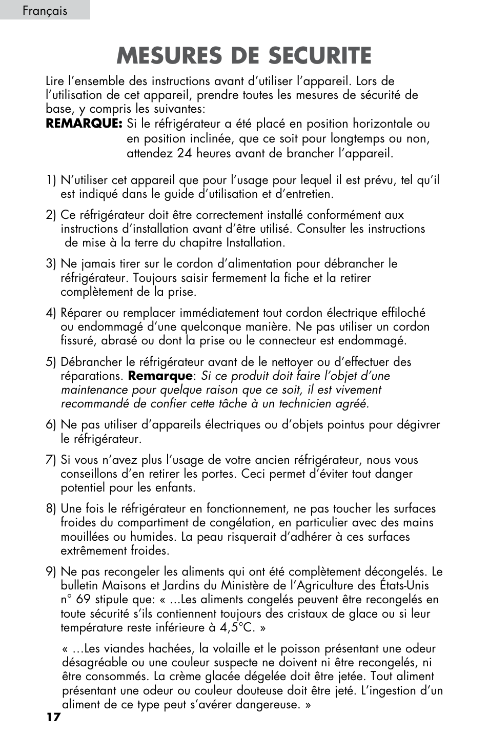 Mesures de securite | haier ESRN025 User Manual | Page 18 / 52