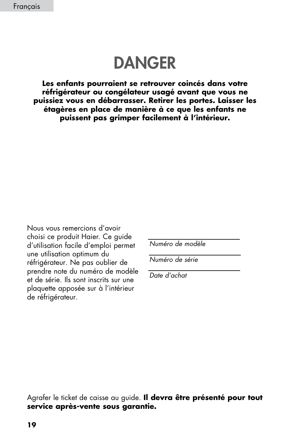 Danger | haier ESRN025 User Manual | Page 20 / 52