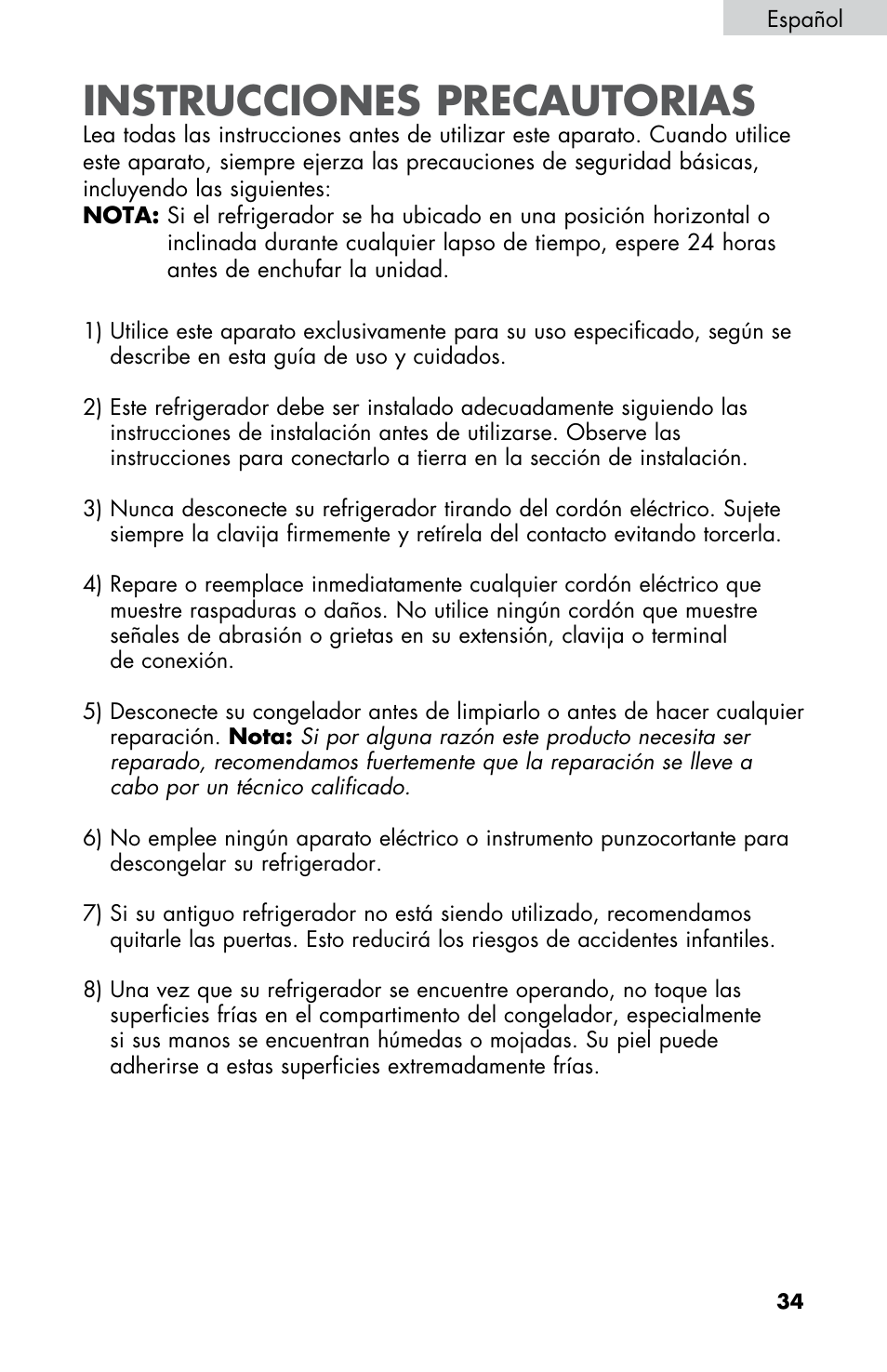 Instrucciones precautorias | haier ESRN025 User Manual | Page 35 / 52