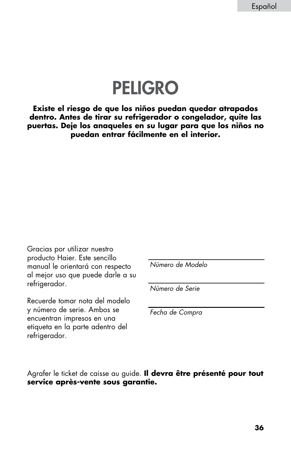 Peligro | haier ESRN025 User Manual | Page 37 / 52