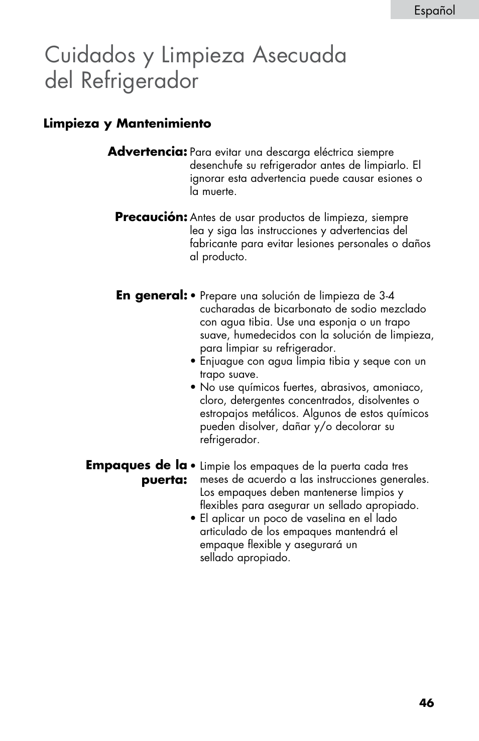 Cuidados y limpieza asecuada del refrigerador | haier ESRN025 User Manual | Page 47 / 52