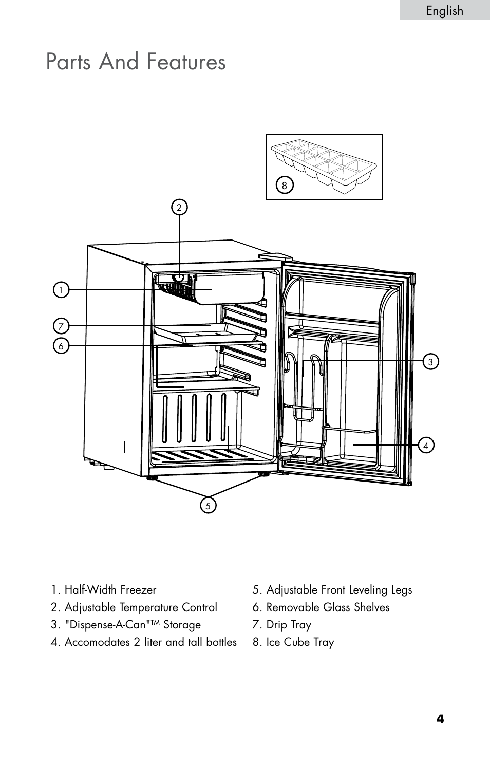 Parts and features, English | haier ESRN025 User Manual | Page 5 / 52