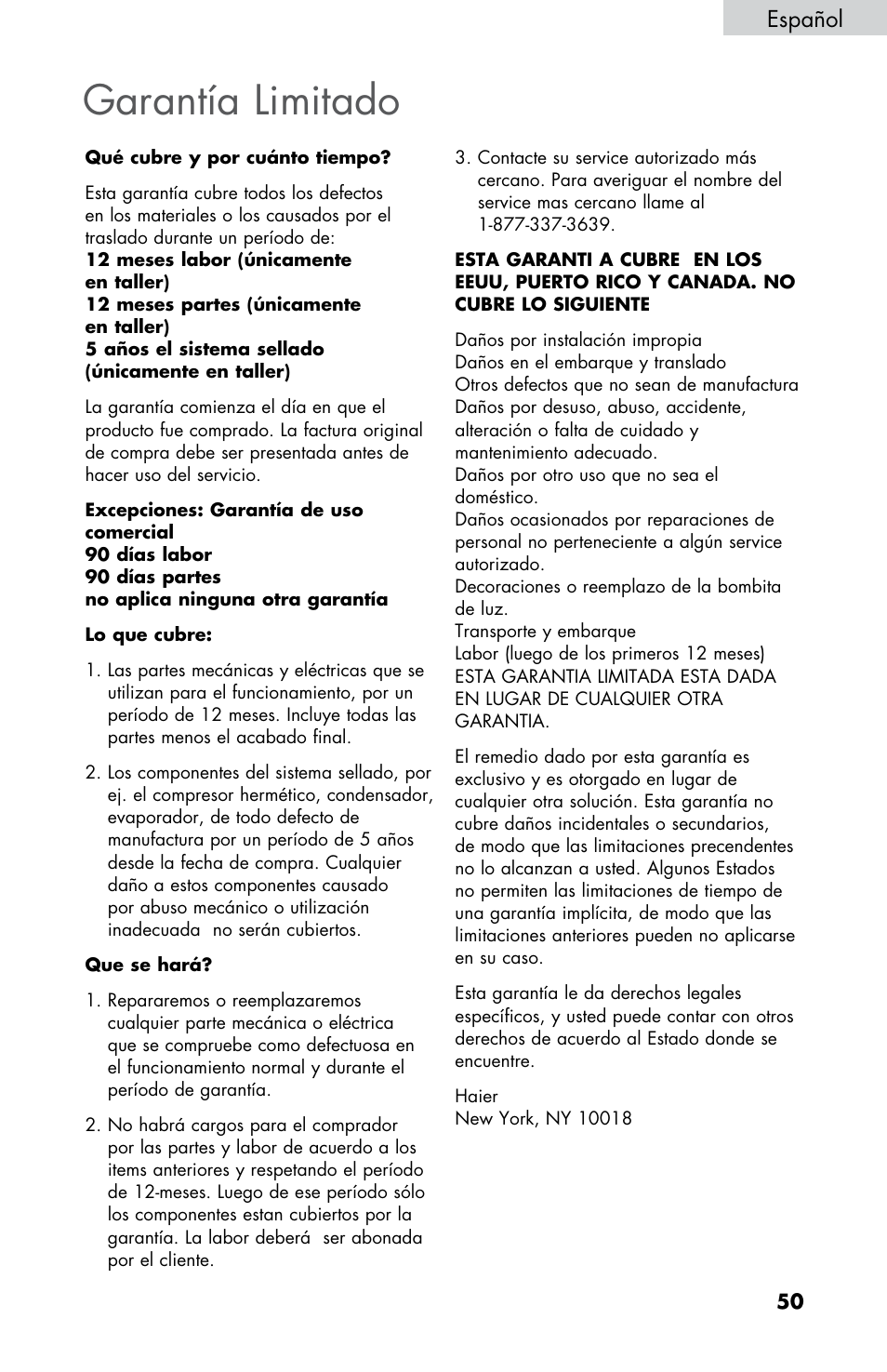 Garantía limitado, Español | haier ESRN025 User Manual | Page 51 / 52