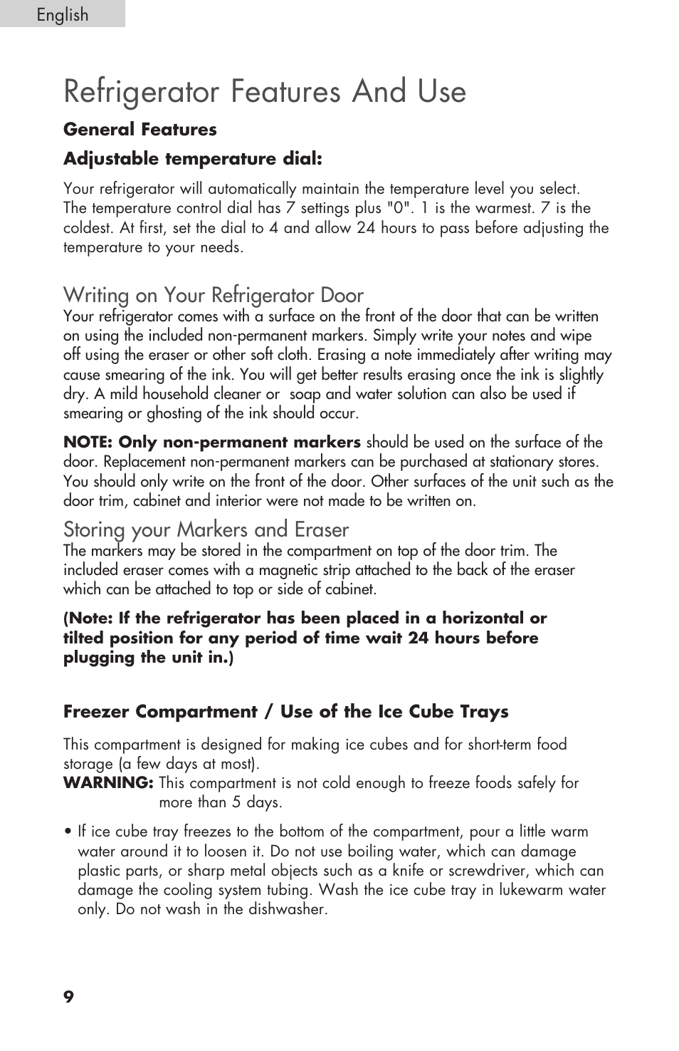 Refrigerator features and use, Writing on your refrigerator door, Storing your markers and eraser | haier COMPACT HNSEW025 User Manual | Page 10 / 52