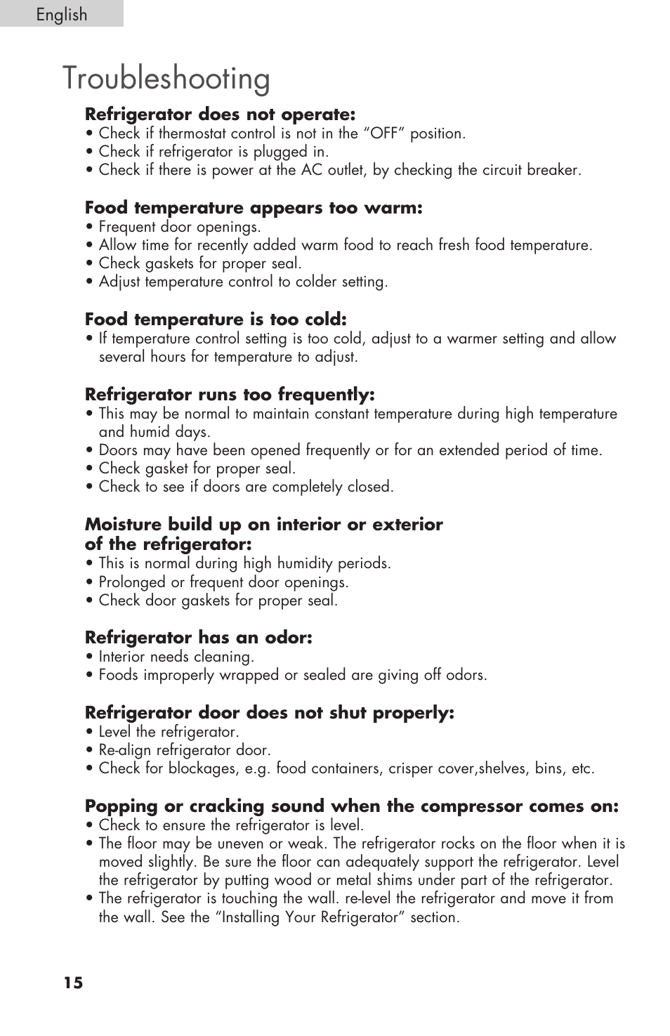 Troubleshooting | haier COMPACT HNSEW025 User Manual | Page 16 / 52