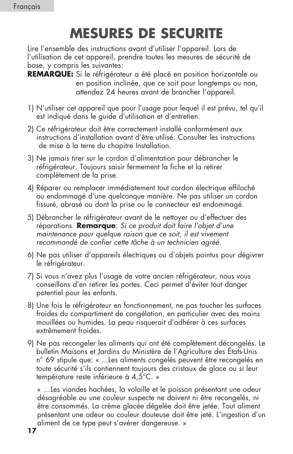Mesures de securite | haier COMPACT HNSEW025 User Manual | Page 18 / 52