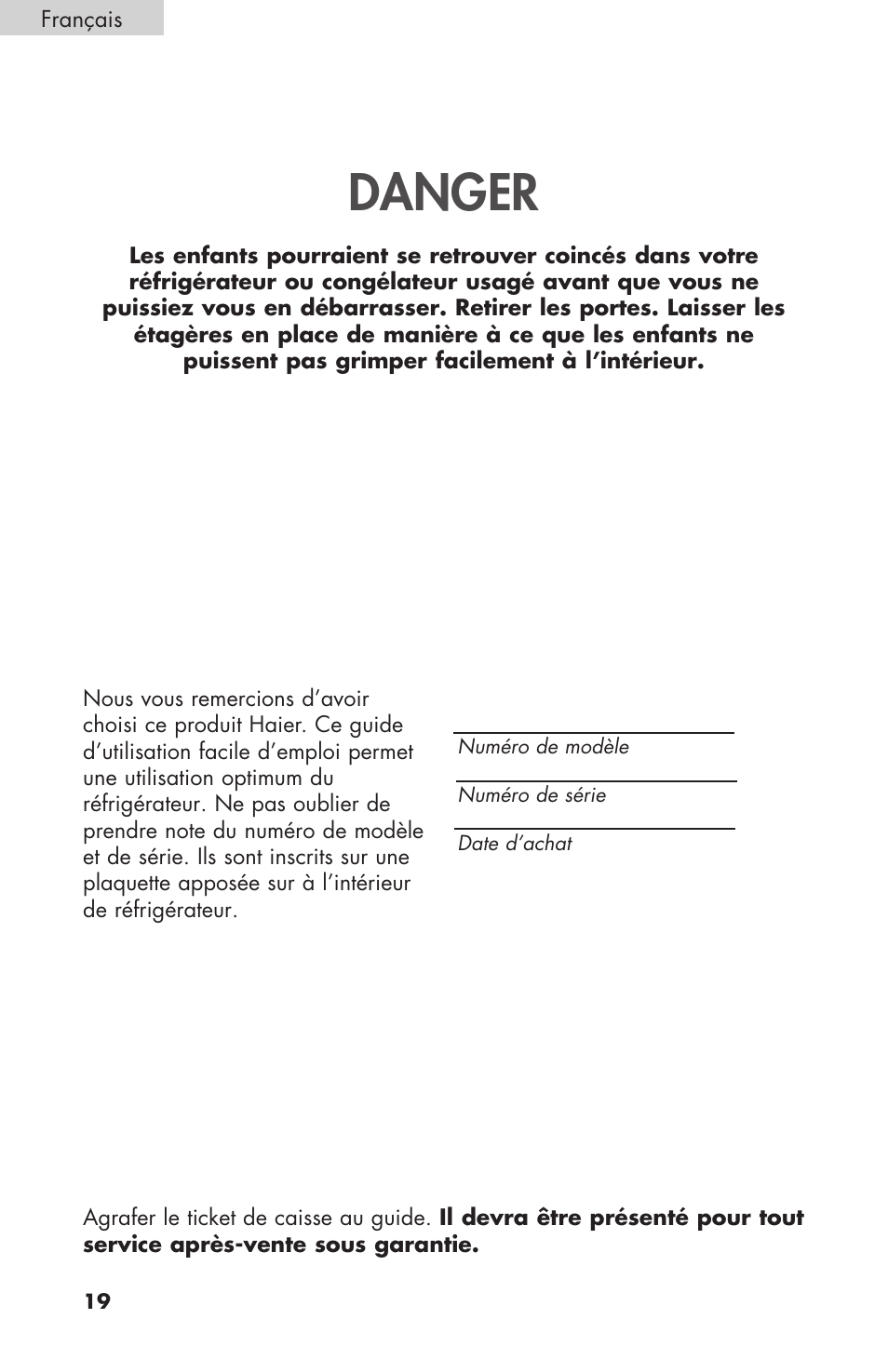 Danger | haier COMPACT HNSEW025 User Manual | Page 20 / 52